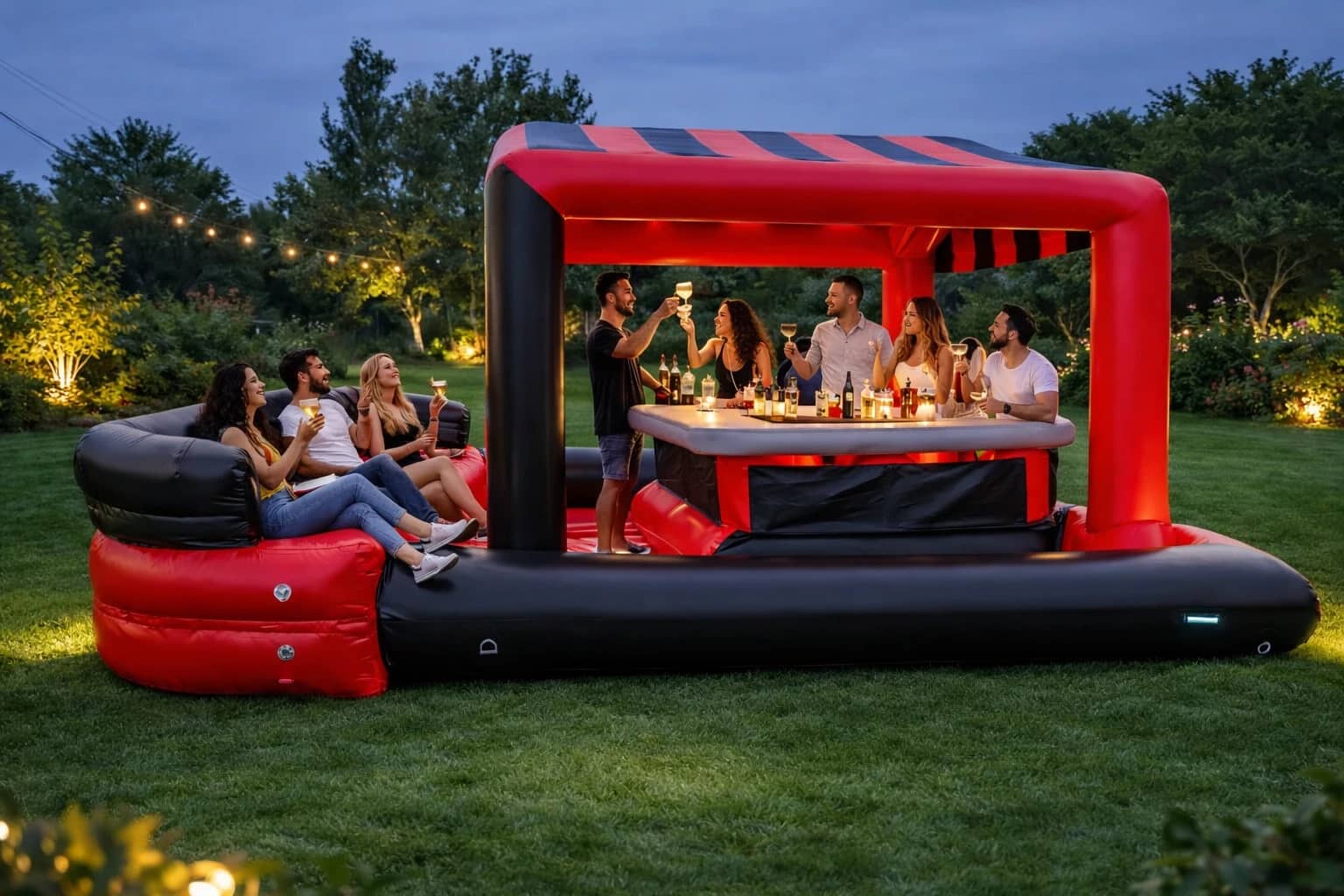 Pool bar gonflable rouge et noir installé dans un jardin pour une soirée