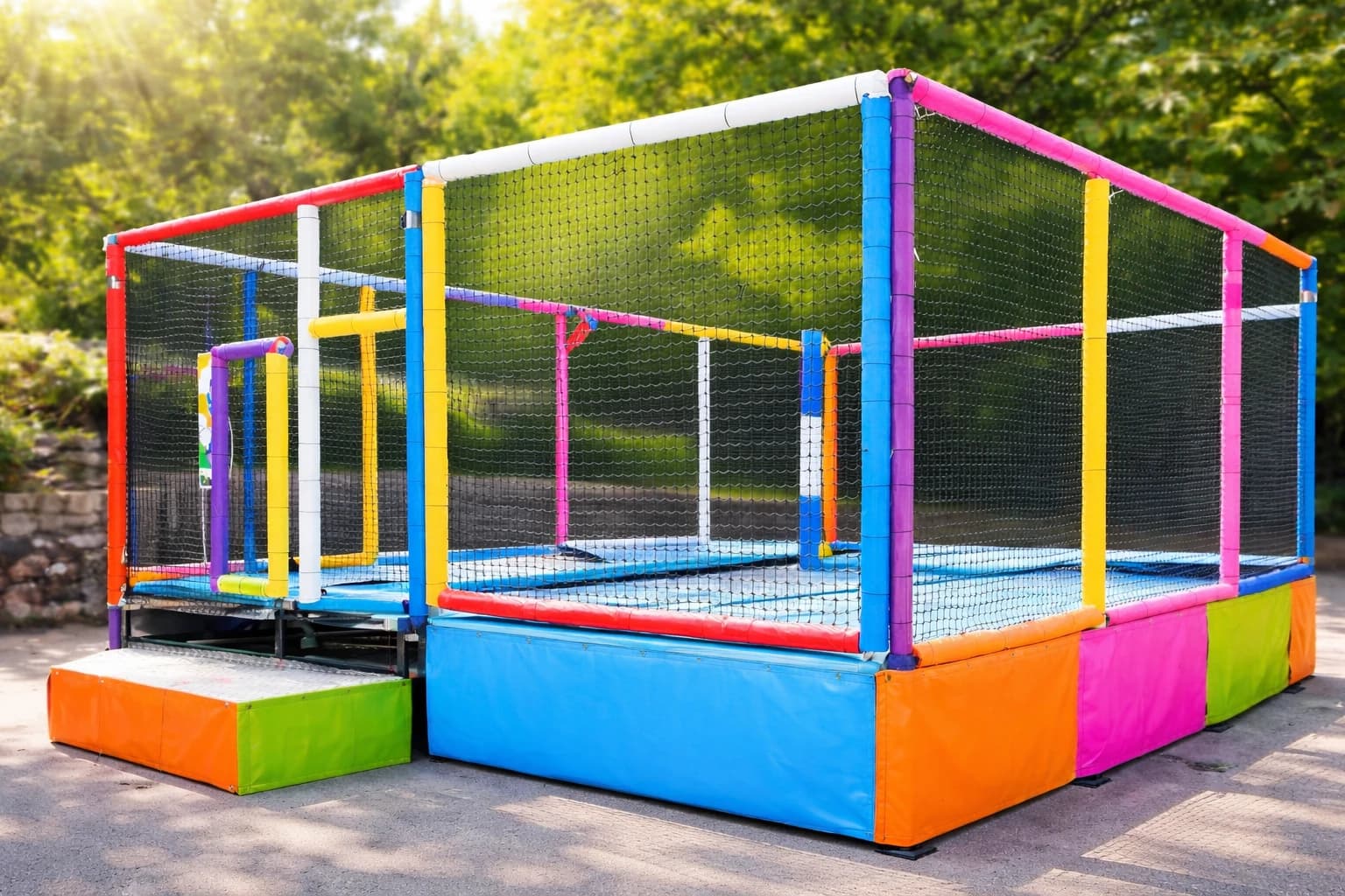 Trampoline comportant 4 pistes transportable sur remorque installation 20 minutes