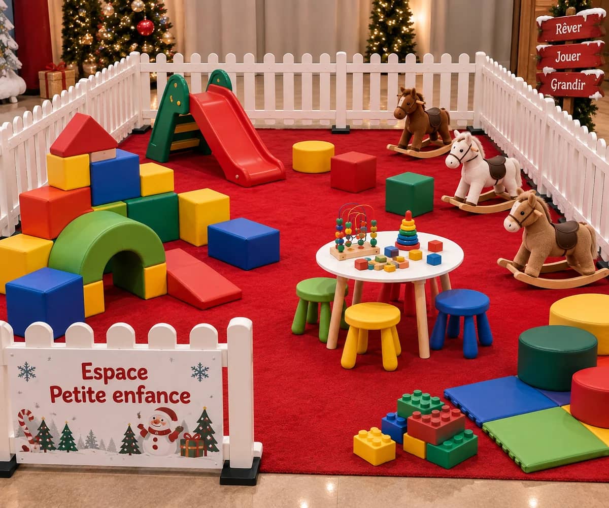 Espace petite enfance avec cubes en mousse, toboggan, animaux à bascule et petits jeux de motricité