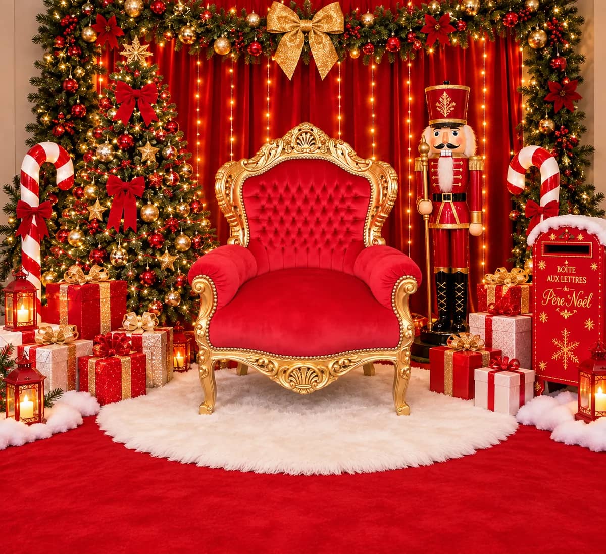 Décor photo de Noël avec fauteuil rouge et doré, sapin, guirlandes et cadeaux